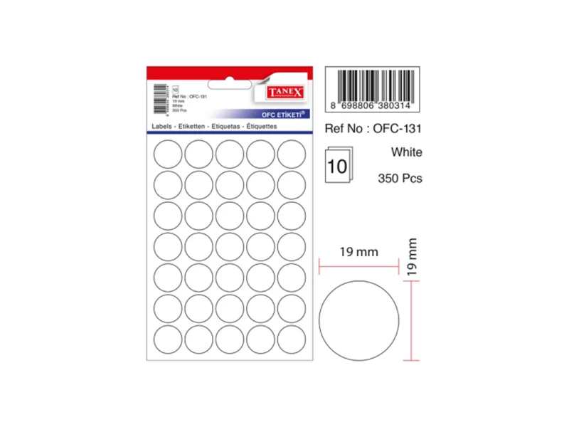 TANEX OFC-131 19 mm BEYAZ OFİS ETİKETİ YUVARLAK