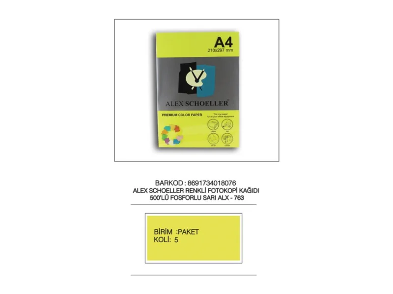 ALEX A4 FOSFORLU SARI FOTOKOPİ .KAĞIDI 500 LÜ ALX-763 ALEX A4 FOSFORLU SARI FOTOKOPİ .KAĞIDI 500 LÜ ALX-763