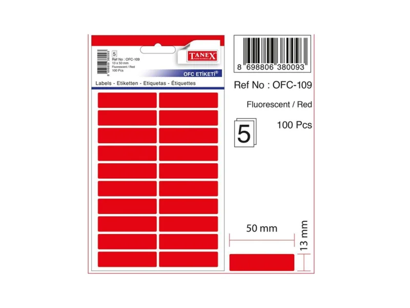 TANEX OFC-109 KIRMIZI 13x50 mm OFİS ETİKETİ 5 Lİ TANEX OFC-109 KIRMIZI 13x50 mm OFİS ETİKETİ 5 Lİ