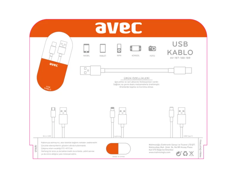 AVEC AV-189 Type-C Kablo AVEC AV-189 Type-C Kablo