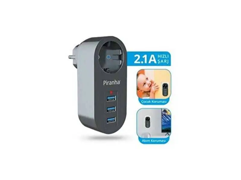 PIRANHA 3385 1Lİ PRİZ 3 USB GİRİŞLİ AKIM KORUMALI